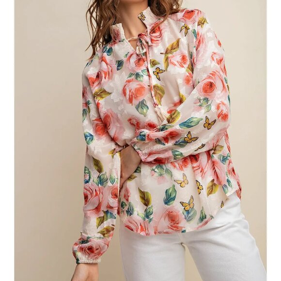 NWT CHIFFON BIG ROSE BUTTERFLY PRINTED SMOCKED DETAIL BLOUSE - Picture 2 of 5